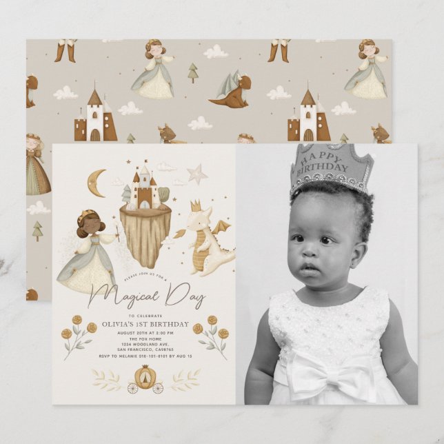 Invitación Princess Dragon Fairytale Piel Oscura Primer Cumpl (Anverso / Reverso)