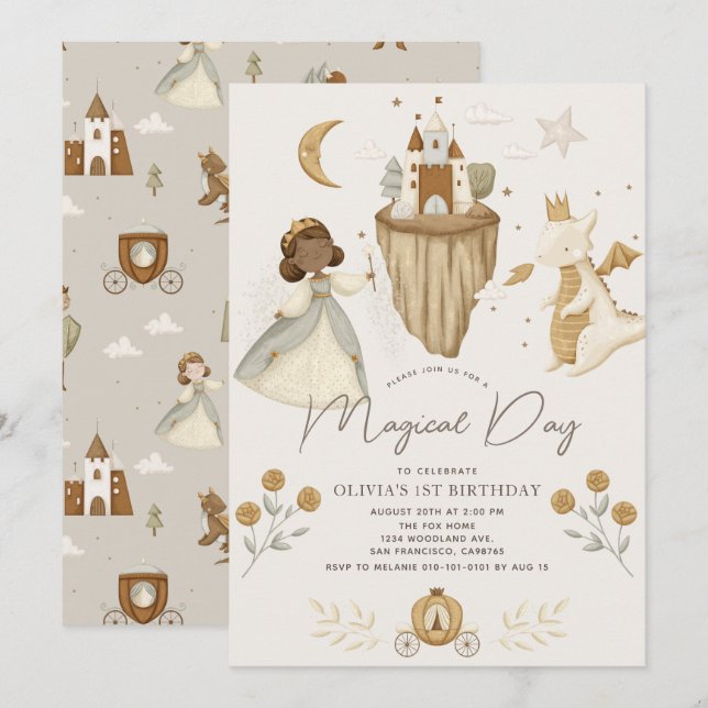 Invitación Princess Dragon Fairytale Piel Oscura Primer Cumpl (Anverso / Reverso)