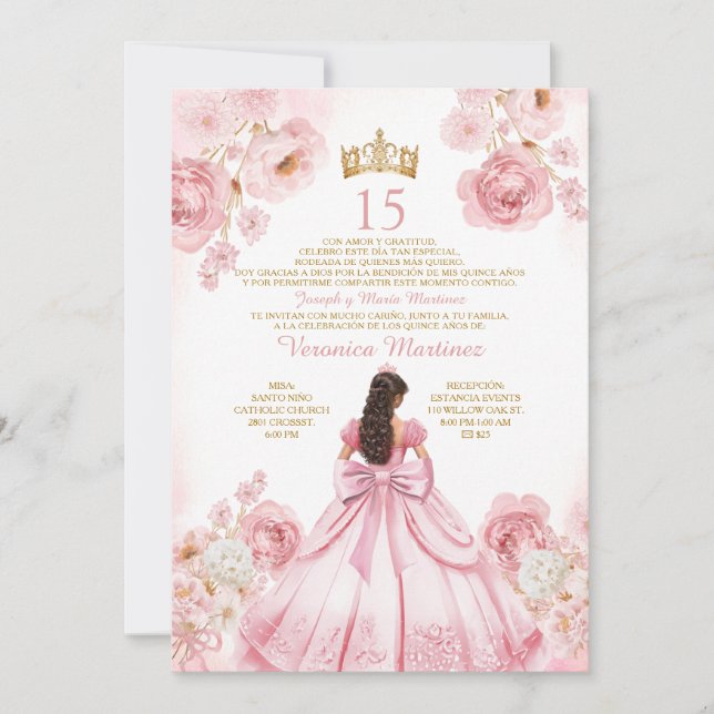 Invitación Princess Dress Gold Crown Floral XV Birthday (Anverso)