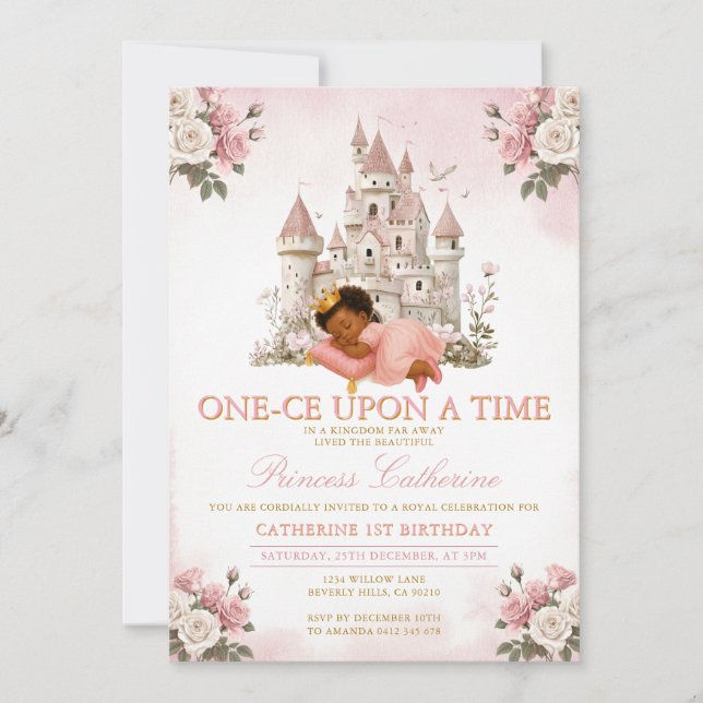 Invitación Princess ÉRASE Una vez 1er cumpleaños Castillo (Anverso)