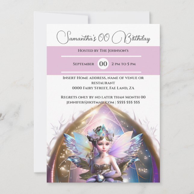 Invitación Princess fae purpurinas alas portal mágico rosa (Anverso)