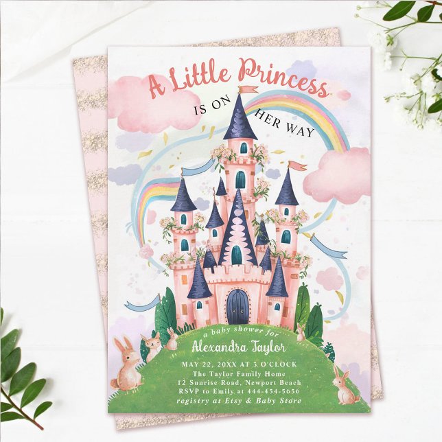 Invitación Princess Fairytale Castle Bunny Baby Girl Shower (princess baby shower invitation pink fairytale enchanted garden bunny rabits magical castle cute)