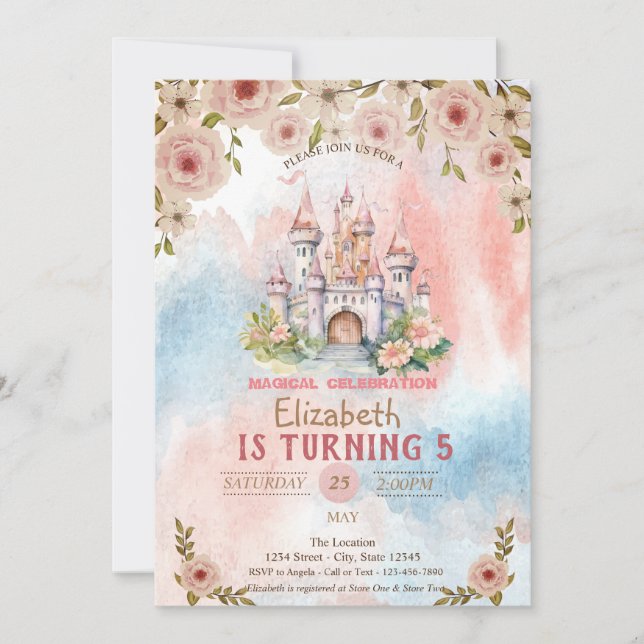 Invitación Princess Floral Castle Watercolor Birday (Anverso)