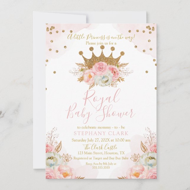 Invitación Princess Floral Pink & Gold Baby Shower Invitation (Anverso)