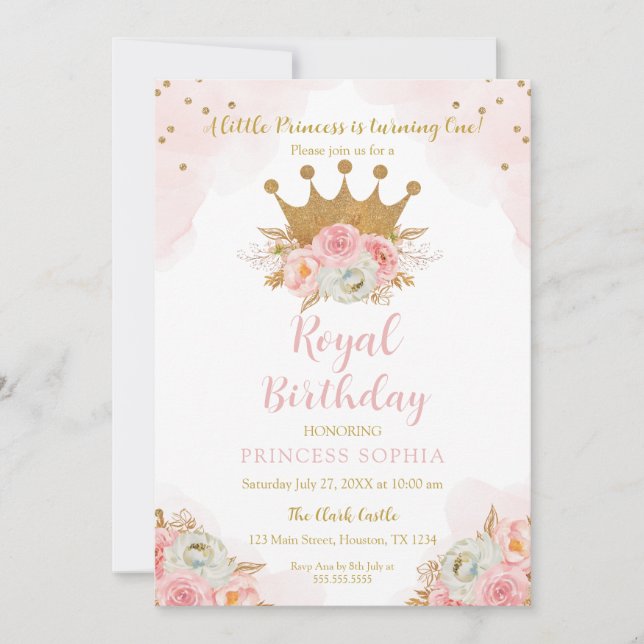 Invitación Princess Floral Pink & Gold Birthday (Anverso)