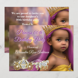 Invitación Princess Girls Birthday Party Carrito de oro morad