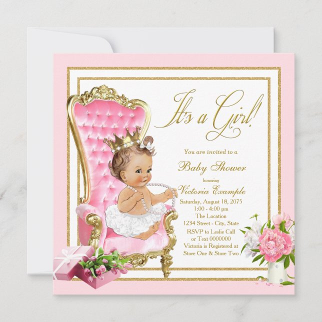 Invitación Princess Gold Chair Prinl Tutu Baby Shower (Anverso)