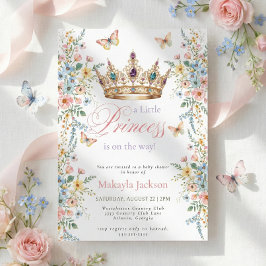 Invitación Princess Gold Crown Floral Butterfly Baby Shower