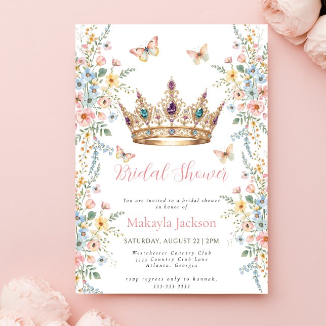 Invitación Princess Gold Crown Floral Butterfly bridal shower (Subido por el creador)