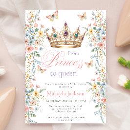 Invitación Princess Gold Crown Floral Butterfly bridal shower