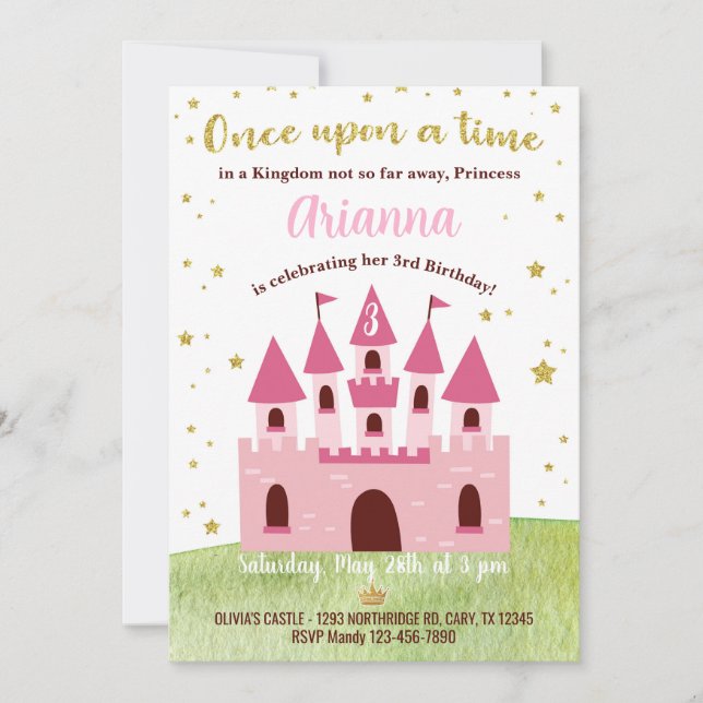 Invitación Princess Kingdom Castle birthday invite. (Anverso)