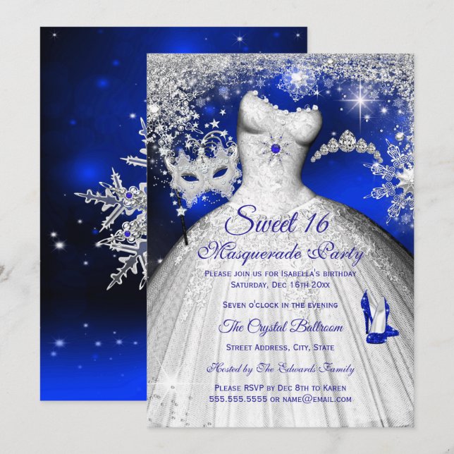 Invitación Princess Masquerada Dulces 16 Azul Real Plata (Anverso / Reverso)