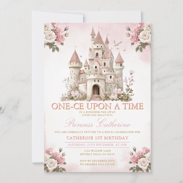 Invitación Princess ONE-CE Upon a time 1st birthday Castle (Anverso)