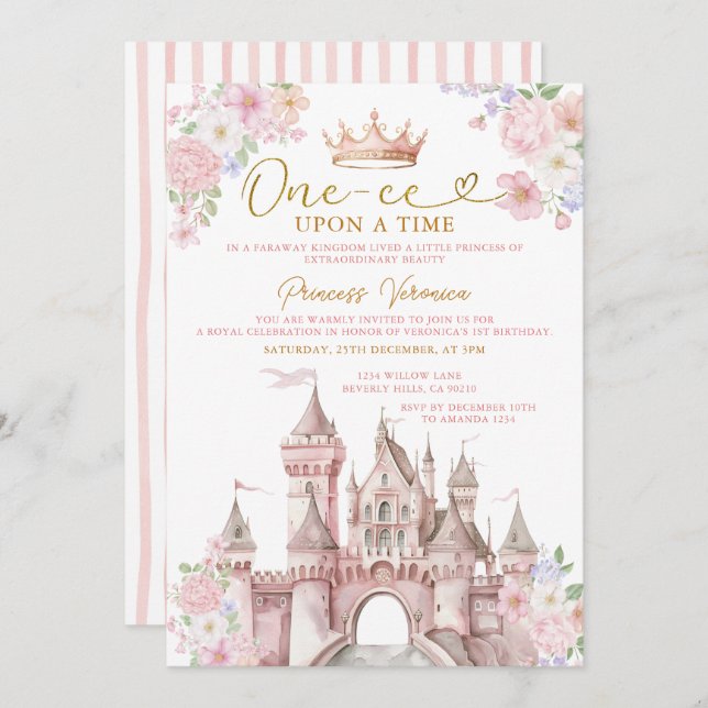 Invitación Princess ONE-CE Upon a time Birthday Castle Crown (Anverso / Reverso)