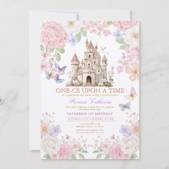 Invitación Princess ONE-CE Upon a time birthday Castle Floral (Anverso)