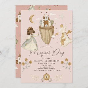 Invitación Princess Pink Fairytale Dark Skin Primer Cumpleaño