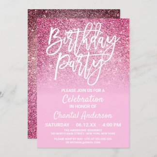 Invitación Princess Pink Faux Purpurina Ombre Cumpleaños