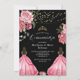 Invitación Princess Pink Floral Twins Quinceañera