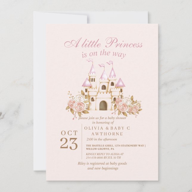 Invitación Princess Pink Gold Castle Baby Shower (Anverso)