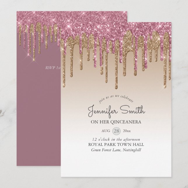Invitación Princess PINK GOLD Drin Purpurina QUINCEANERA (Anverso / Reverso)