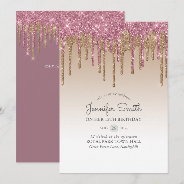 Invitación Princess PINK GOLD Dripping Purpurina (Anverso / Reverso)