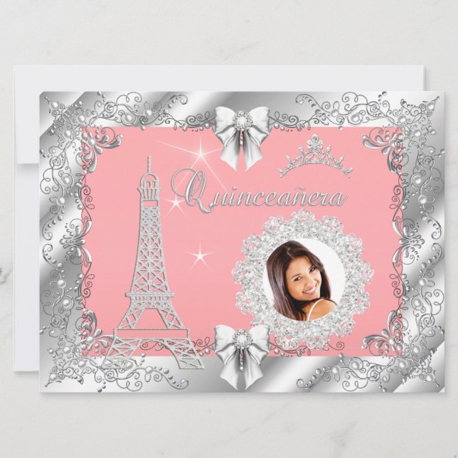 Invitación Princess Pink PEACH Quinceanera Silver Photo BIG (Anverso)