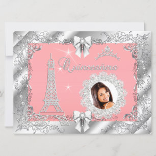 Invitación Princess Pink PEACH Quinceanera Silver Photo BIG