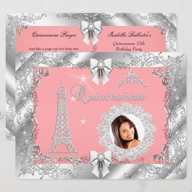 Invitación Princess Pink PEACH Quinceanera Silver Photo BIG (Anverso / Reverso)