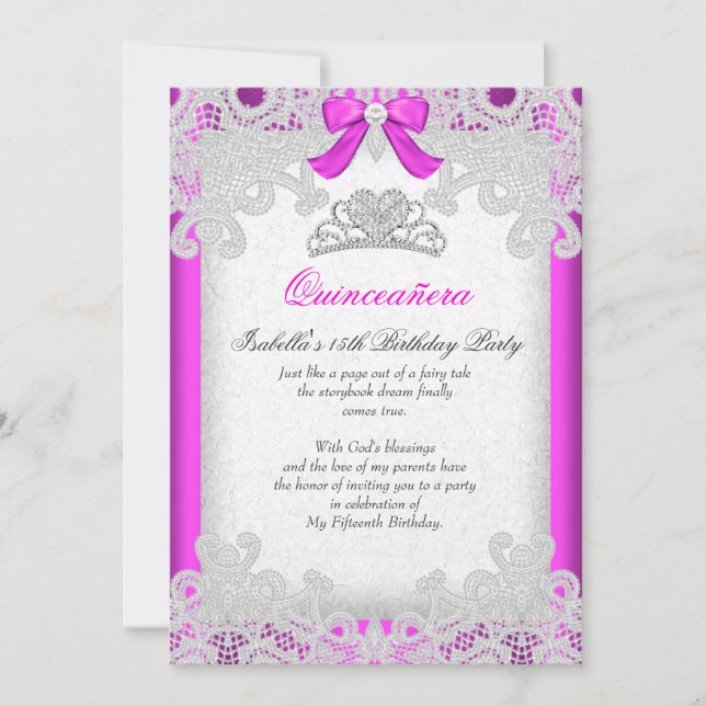 Invitación Princess Pink Quinceanera Hot Pink Lace (Anverso)