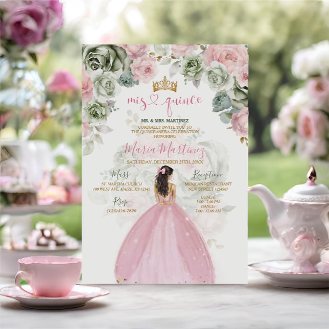 Invitación Princess Pink Vestidos Floral Sage Verde Mis Quinc (Subido por el creador)