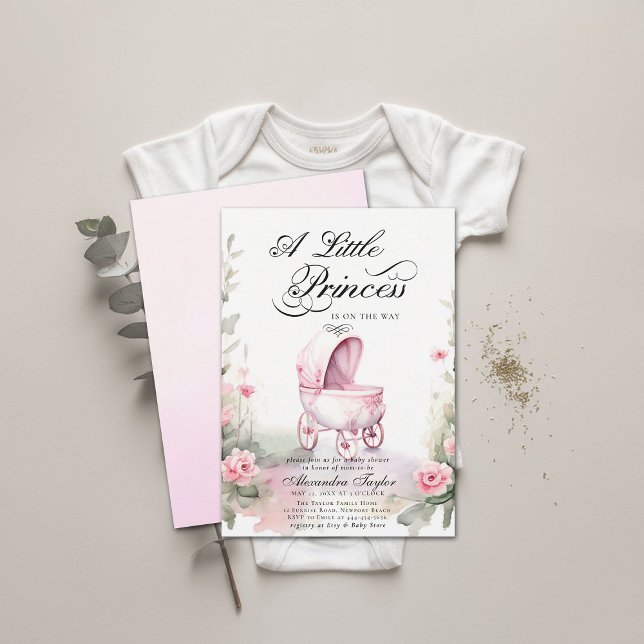 Invitación Princess Pram Rosas Watercolour Baby Shower (princess baby shower invitation watercolor floral roses garden pram stroller cute adorable girl)
