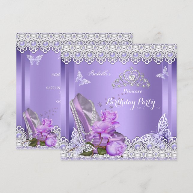 Invitación Princess Purple Pearls Rosa High Heol Cumpleaños (Anverso / Reverso)