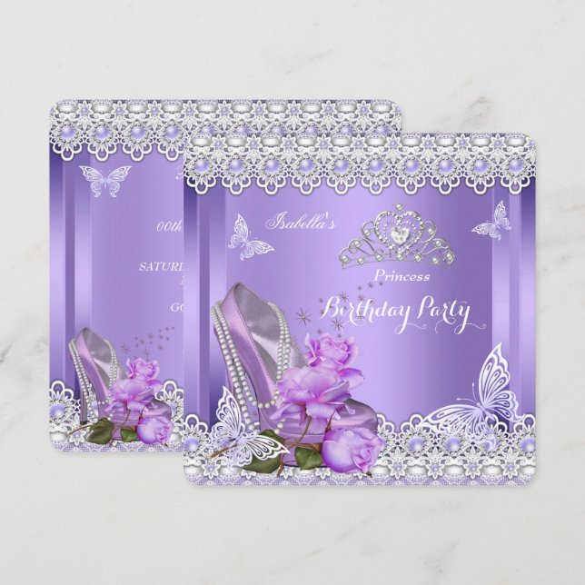 Invitación Princess Purple Pearls Rosa High Heol Cumpleaños (Anverso / Reverso)