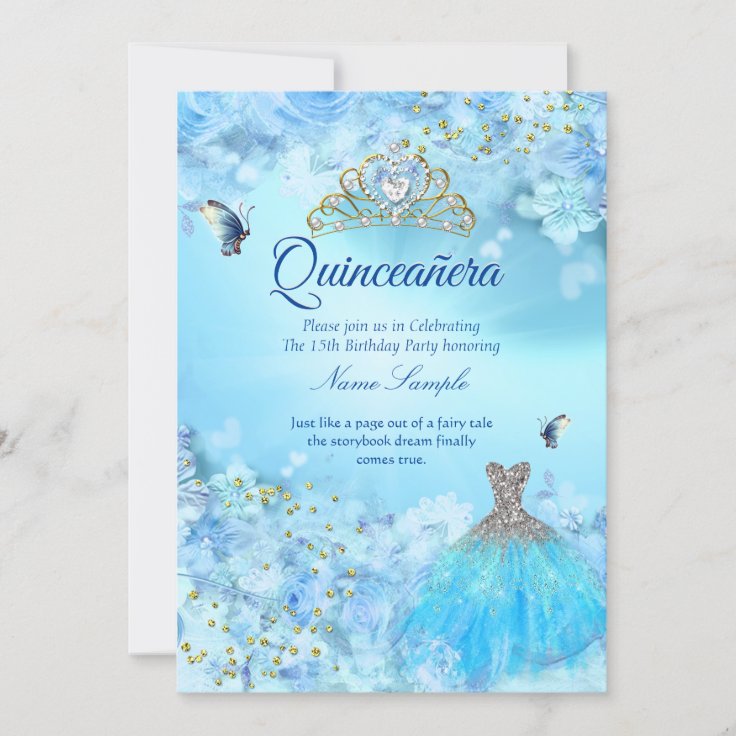 Invitación Princess Quinceanera cinderella vestido azul flora 