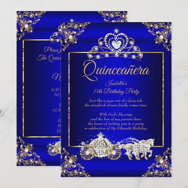 Invitación Princess Quinceanera Elite Royal Blue Gold (Anverso / Reverso)