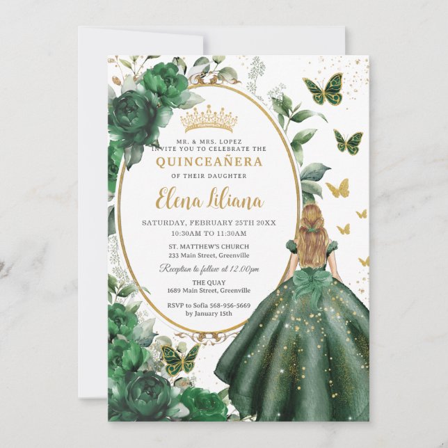 Invitación Princess Quinceañera floral verde esmeralda (Anverso)