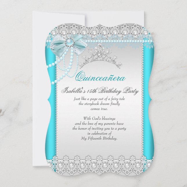 Invitación Princess Quinceanera Verde azulado Blue Lace Pearl (Anverso)