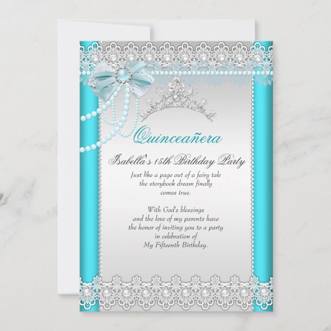 Invitación Princess Quinceanera Verde azulado Blue Lace Pearl (Anverso)