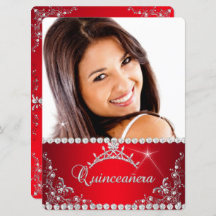 Invitación Princess Red Quinceanera Photo Silver Tiara