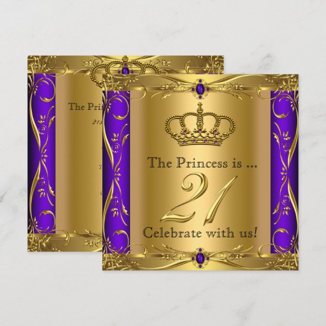 Invitación Princess Regal Purple Gold Fiesta de cumpleaños 21 (Anverso / Reverso)