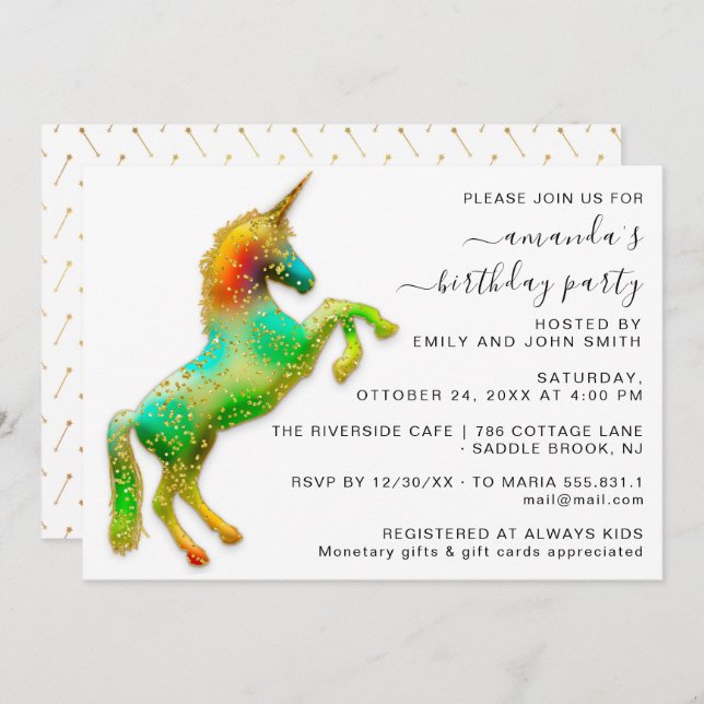 Invitación Princess Royal Gold Purpurina Birday Magic Unicorn (Anverso / Reverso)