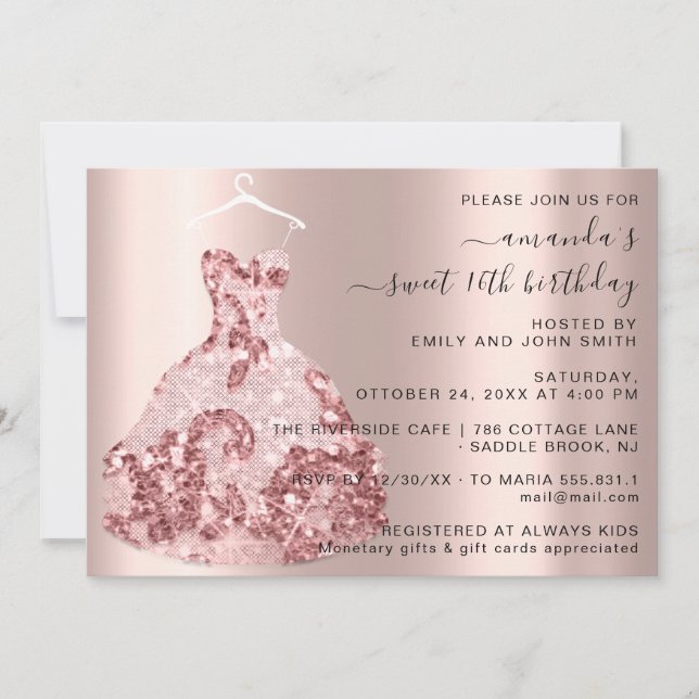 Invitación Princess Royal Rosa Vestido Dulce 16ª Quinceañera (Anverso)