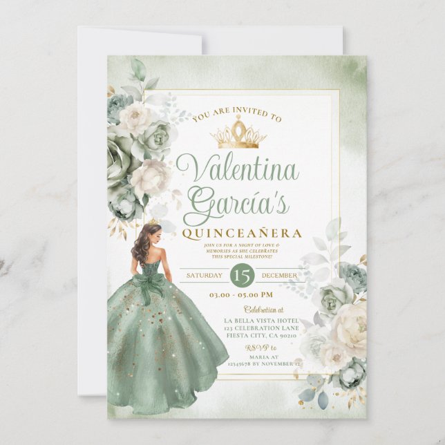 Invitación Princess Sage Green Quinceañera 15 Anos (Anverso)