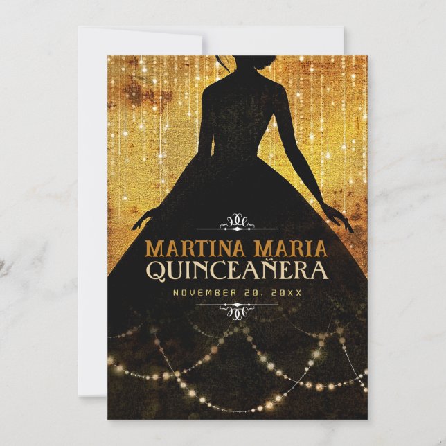 Invitación Princess Silhouette Urban Gold Bday Quinceanera (Anverso)