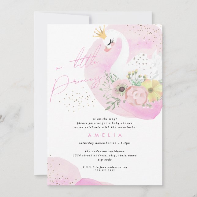 Invitación Princess Swan Chica Pink Gold Baby Shower (Anverso)