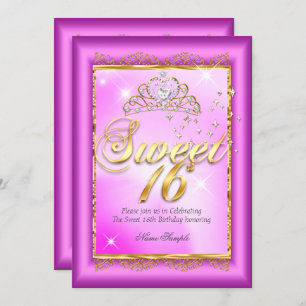 Invitación Princess Sweet 16 Hot Pink Magenta Gold Fiesta