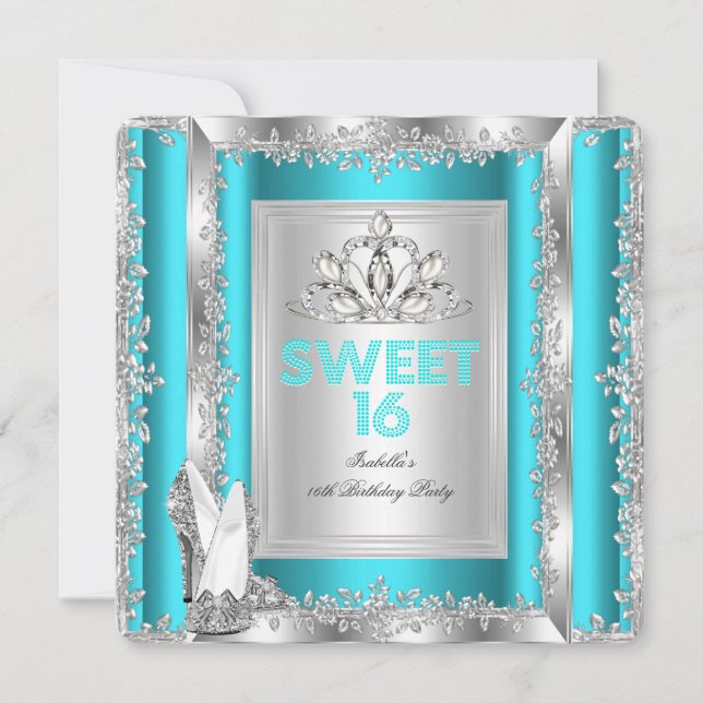 Invitación Princess Sweet 16 zapatos Verde azulados de plata  (Anverso)