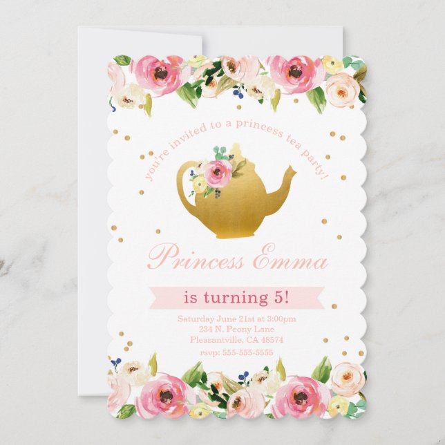 Invitación Princess Tea Fiesta Birthday Purpurina Floral (Anverso)