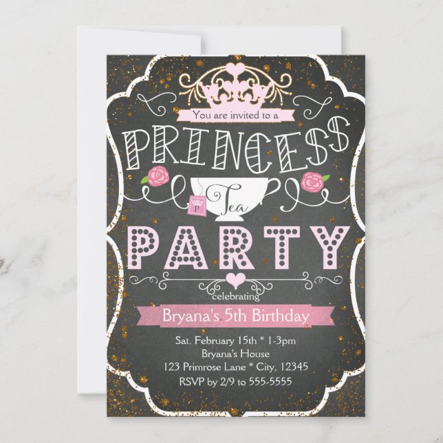 Invitación PRINCESS TEA FIESTA Purpurina de cumpleaños Invita (Anverso)