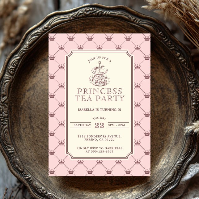 Invitación Princess Tea Party Elegant Pink Crown Pattern (Subido por el creador)